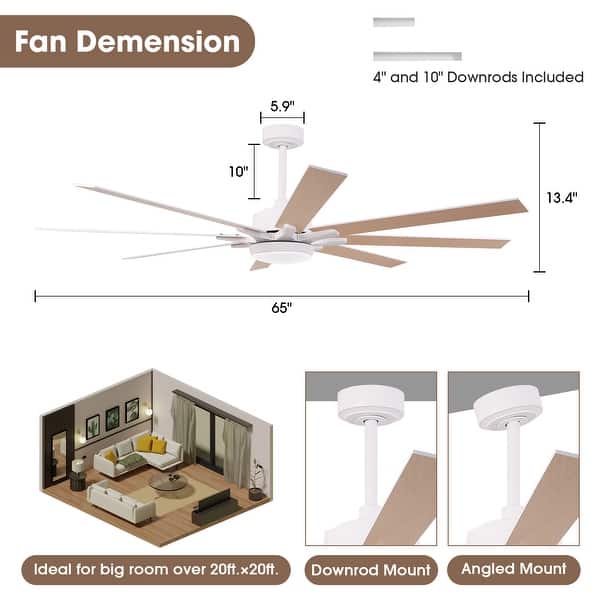 dimension image slide 3 of 4, 65-Inch Modern Reversible Dimmable Large Ceiling Fan with Light and Remote