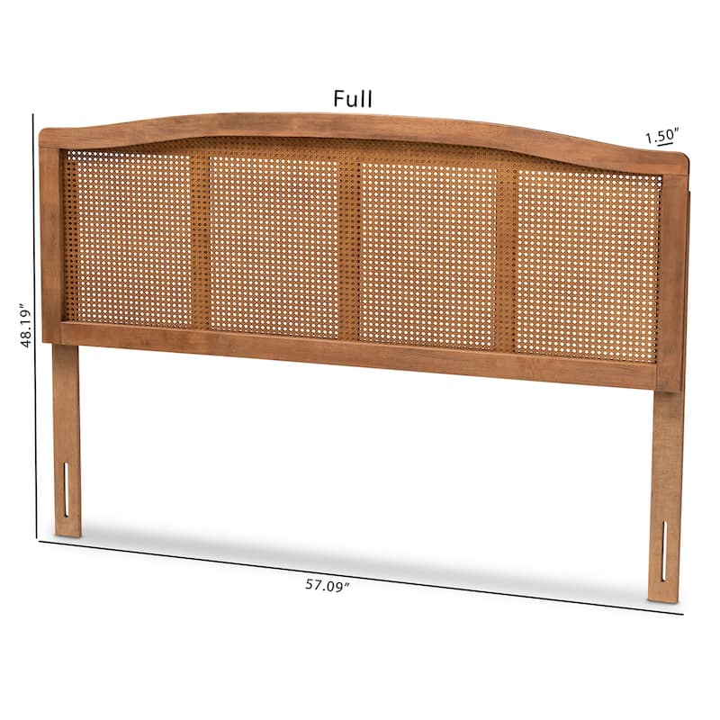 Mid-Century Modern Ash Walnut Wood and Synthetic Rattan Queen Size Headboard with Boho Coastal Detailing
