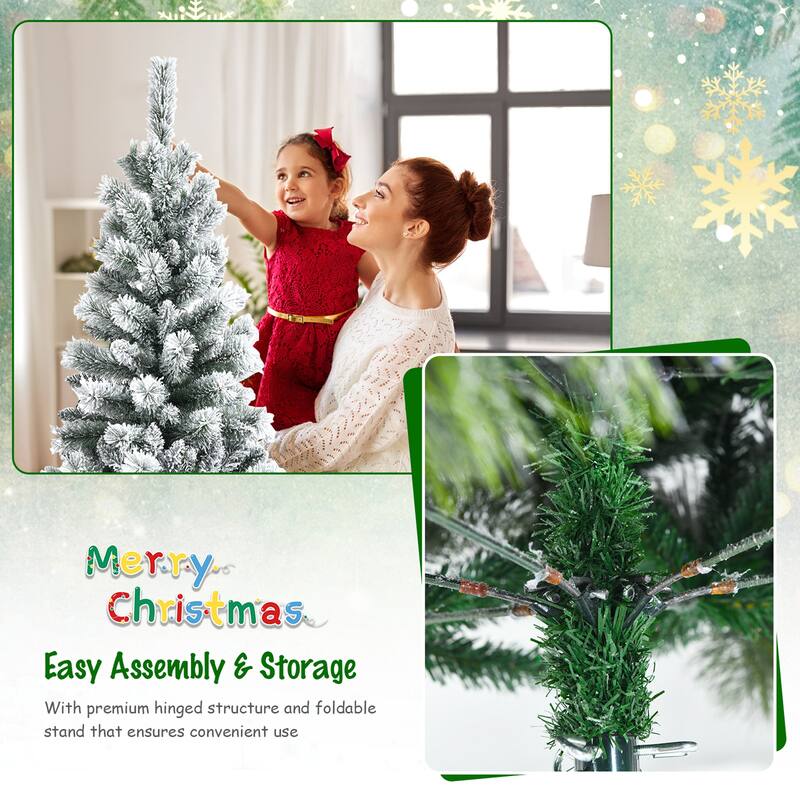 Gymax 5/6/7.5/8 ft Pre-lit Snow Flocked Artificial Christmas Tree w/