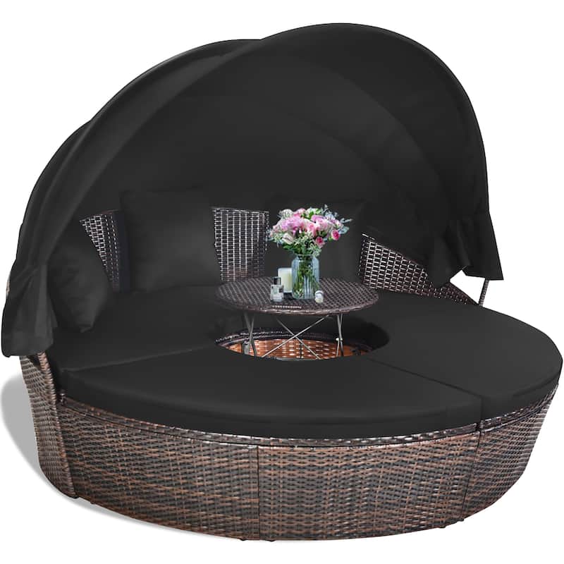 Patio Rattan Daybed Cushioned Sofa Adjustable Table Top Canopy - Black