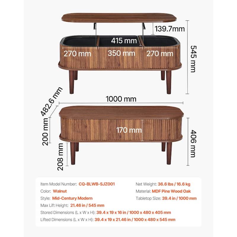 Mid-Century Lift-Top Coffee Table with Storage Compartments - 39.4 x 19 x 16 in