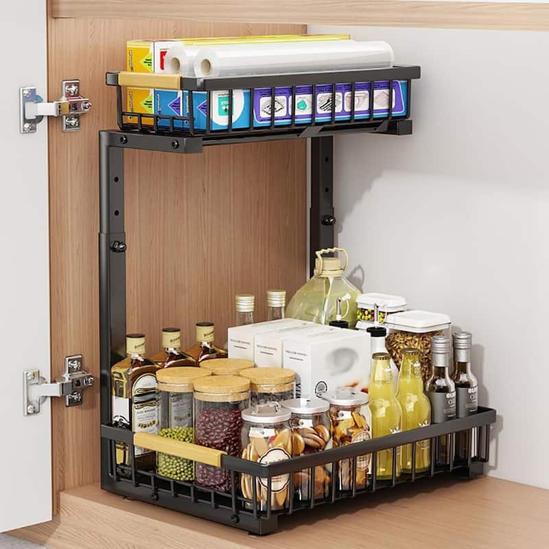 Metal Under Sink Organizer, 2 Tier Pull Out Cabinet Slide Out Shelf - Black