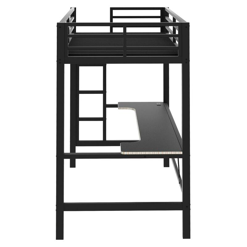 Twin Size Gaming Metal Loft Bed Frame with LED Light, USB Charge Station and Desk