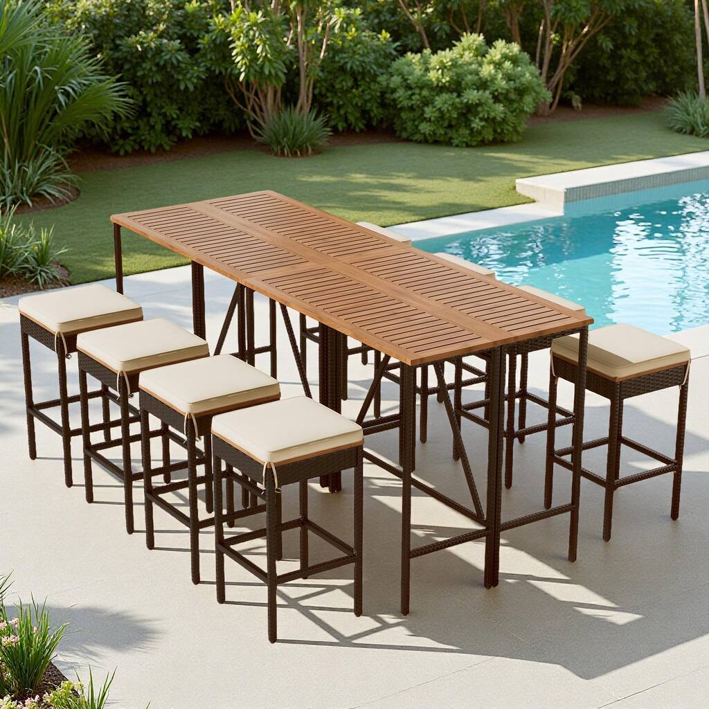 10-Piece Outdoor Patio Counter Height Foldable Dining Set with 8 Cushioned Stools, 2 Acacia Wood Foldable Table