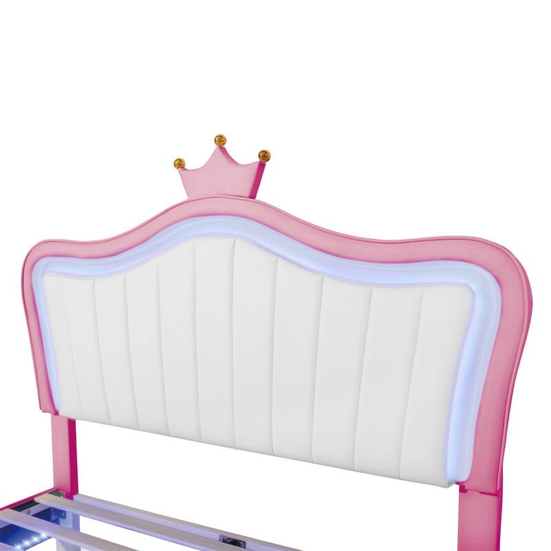 Upholstered Princess Bed Frame With Crown Headboard and LED Lights On