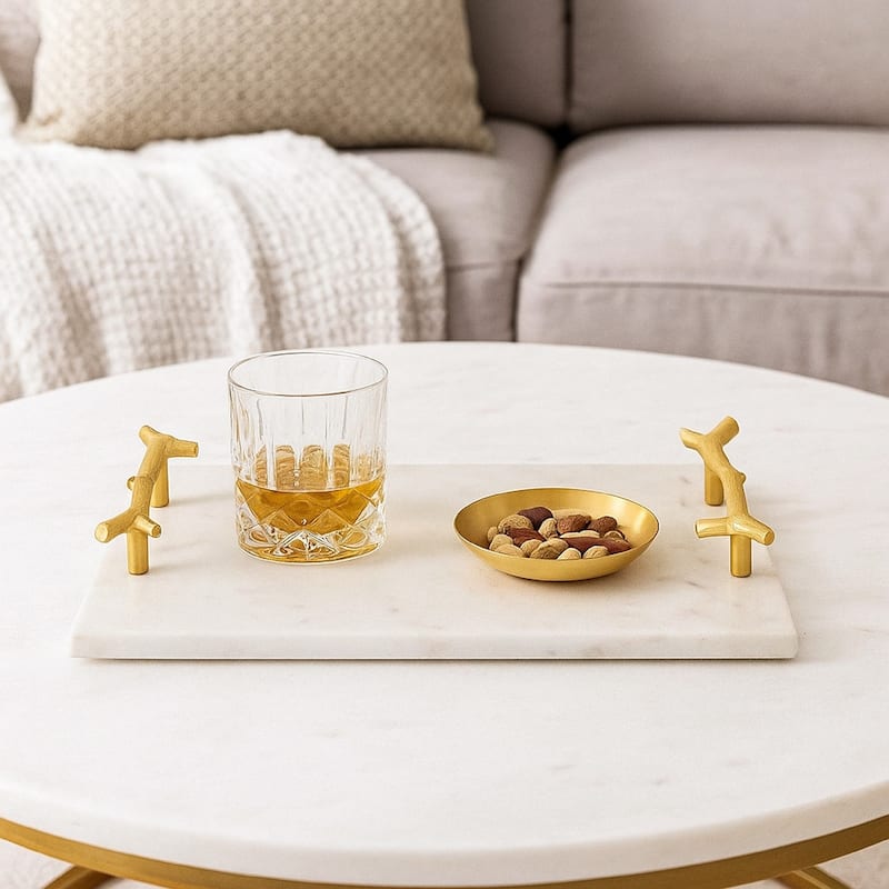 Pammy Decorative Tray, Gold Branch-Like Handles, White Marble 16 Inch