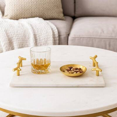 Pammy Decorative Tray, Gold Branch-Like Handles, White Marble 16 Inch