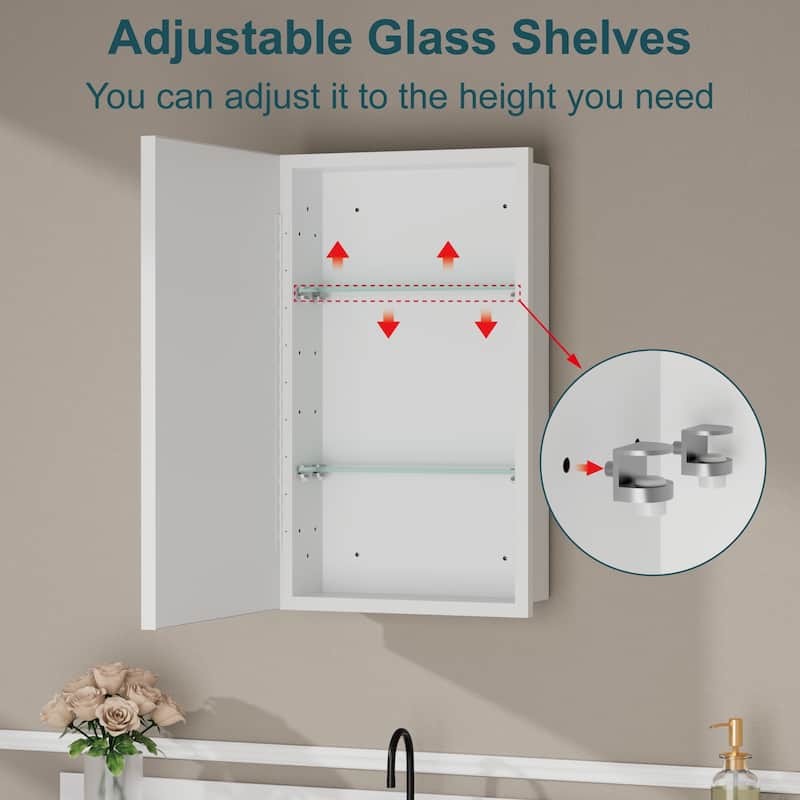 Elise Iron Medicine Cabinet with Mirror, Adjustable Shelves, Recessed or Wall Mount