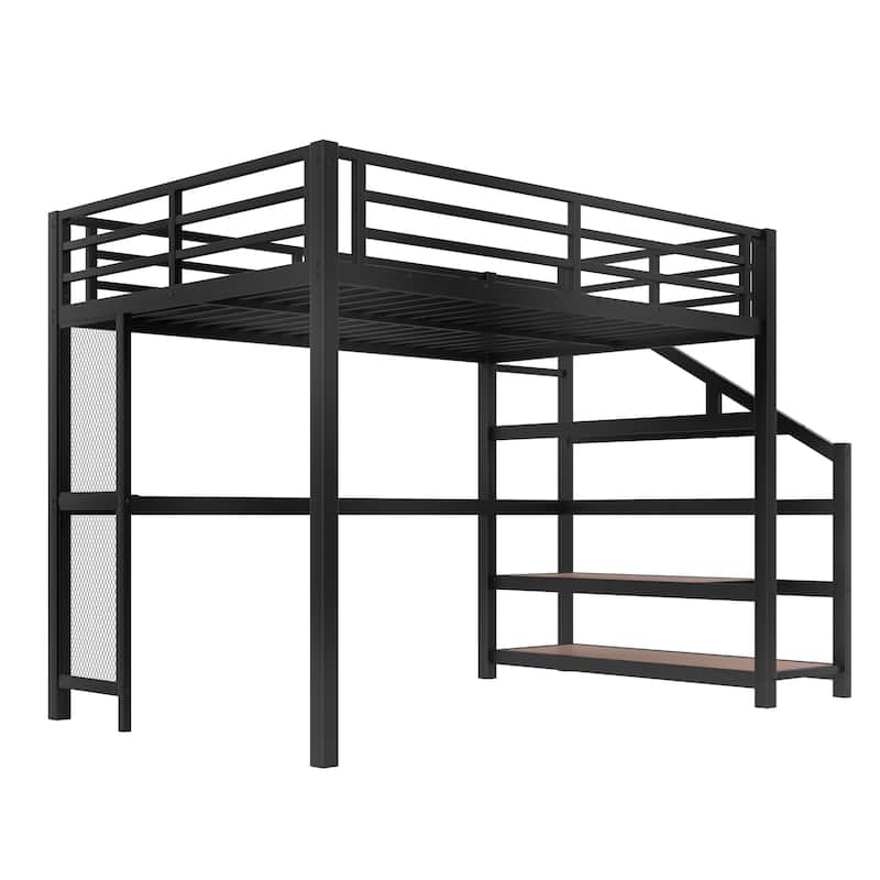 Full Loft Bed with Desk and Storage Stairs, Metal Loft Beds with LED Lights, USB Ports, Multifunctional Iron Nets