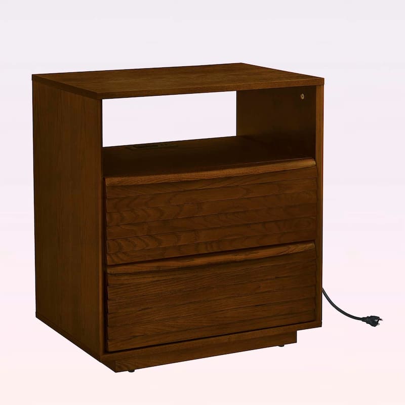 Modern Nightstand with Charging Station,2 Drawers,Open Shelf,and Louver Design