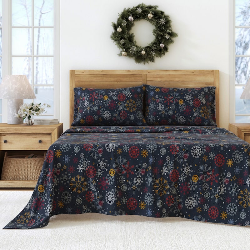Linery & Co. Ultra-Soft Turkish Cotton Flannel Holiday Print Sheet Set - California King - New Snowflake