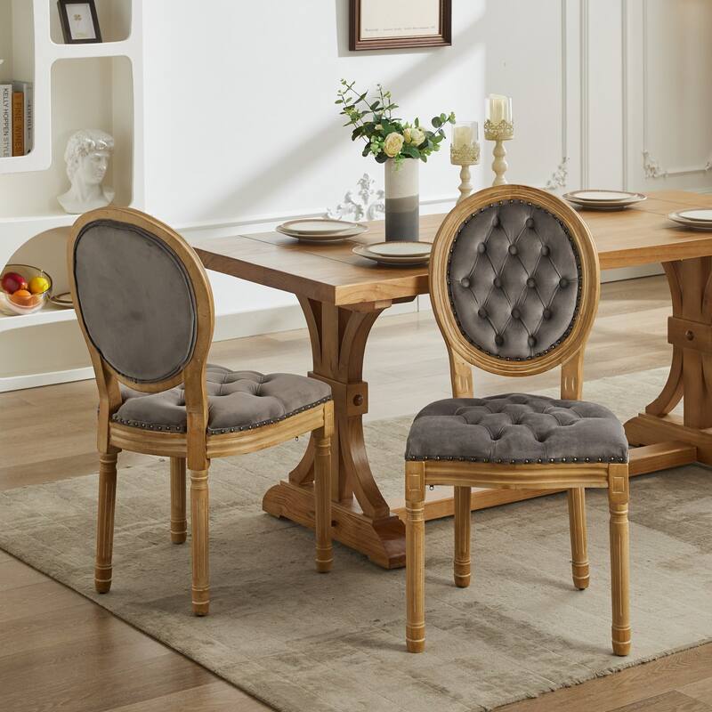 French Style Solid Wood Frame Dining Chair with Round Back, Set of 2 Velvet Kitchen Accent Chairs with Nailhead Trim
