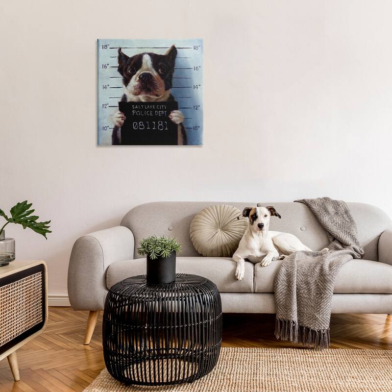 Stupell Funny Boston Terrier Dog Jail Convicted Police Canvas Wall Art - Blue