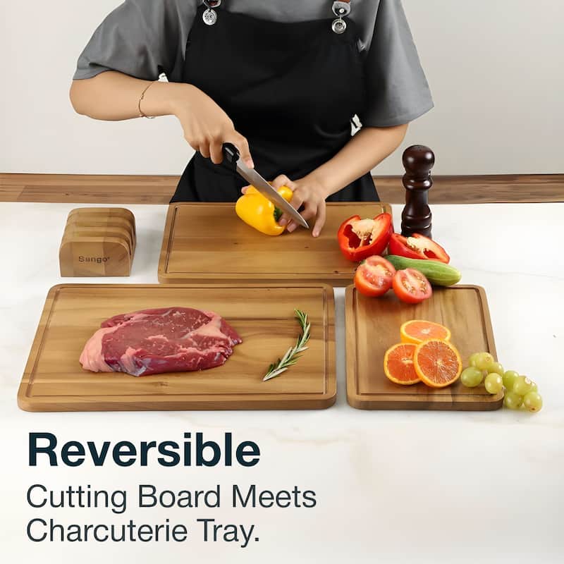 Sango Atelier Acacia Wood 3-Piece Cutting Board Set with Stand- Kitchen Chopping Boards for Meat, Vegetables & Charcuterie