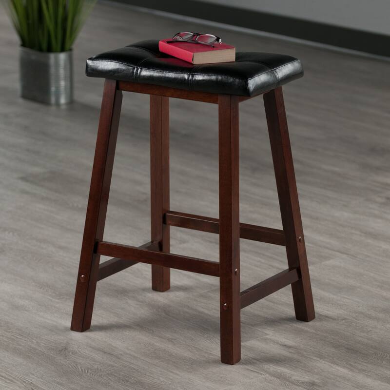 24.75" Black Faux Leather Saddle Seat Stool with Wood Legs