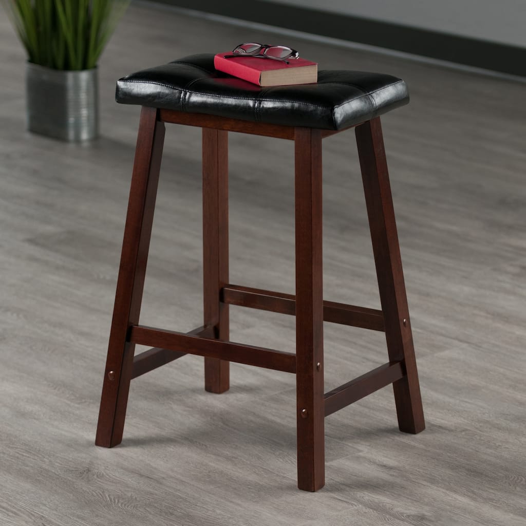 Wooden Stool with Leather Seat Stool - 24.75" - Black