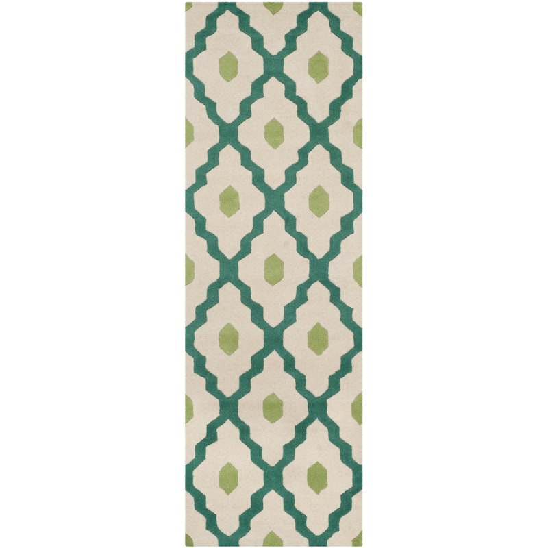 SAFAVIEH Handmade Chatham Sutapa Modern Moroccan Wool Rug - 2'3" x 7' Runner - Ivory/Teal