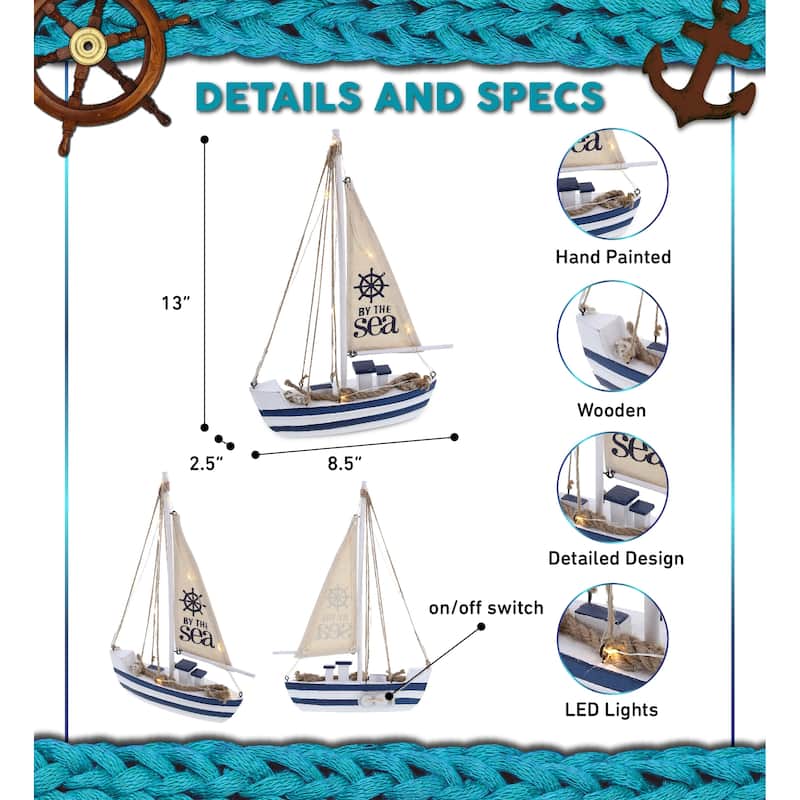 CoTa Global Ocean Blue Sea Boat with LED Light for Table Top Decor - 13″Lx8.5″Wx2.5″H