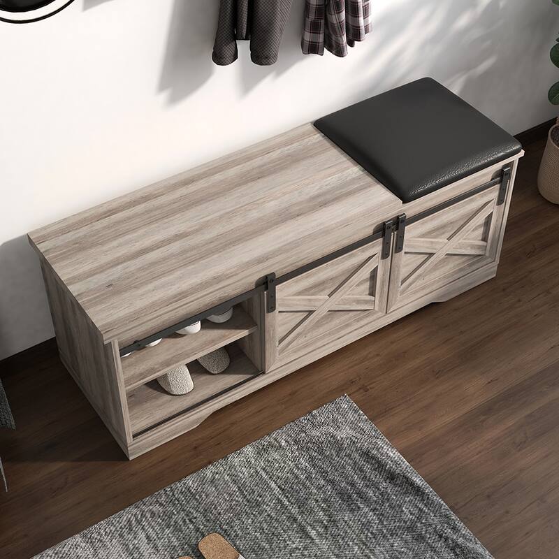 Entryway Shoe Bench With Sliding Door Cushion Adjustable Shelf Large Storage Space Shoe Rack Storage Organizer