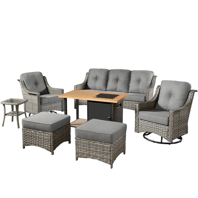 HOOOWOOO 7-piece Wicker High Back Patio Furniture Swivel Rocker Set with Fire Pit