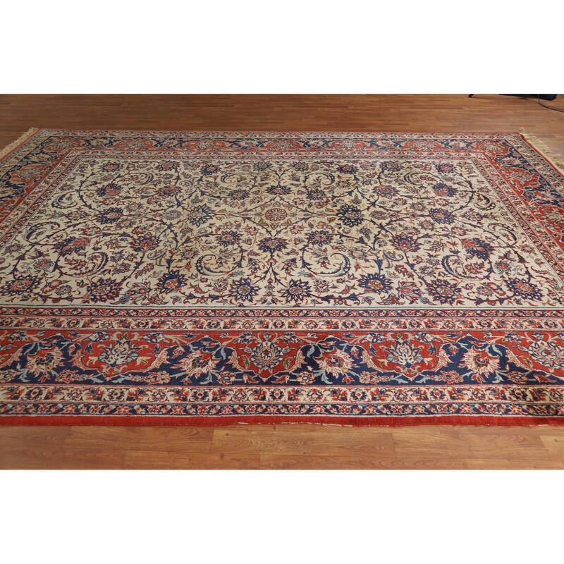 Hand Knotted Oriental 100% Wool Carpet Traditional Floral Beige & Ivories Isfahan Area Rug - 12' 0'' X 8' 7''