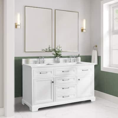 Prismarble Bathroom Vanity 60 in White with Marble Top & Backsplash, Double Sinks
