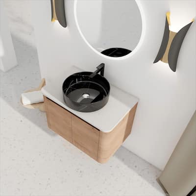 30'' Wall-Mounted Bathroom Vanity With Ceramic Art Sink & 2-Soft-Close Door, KD-Packing, Plywood