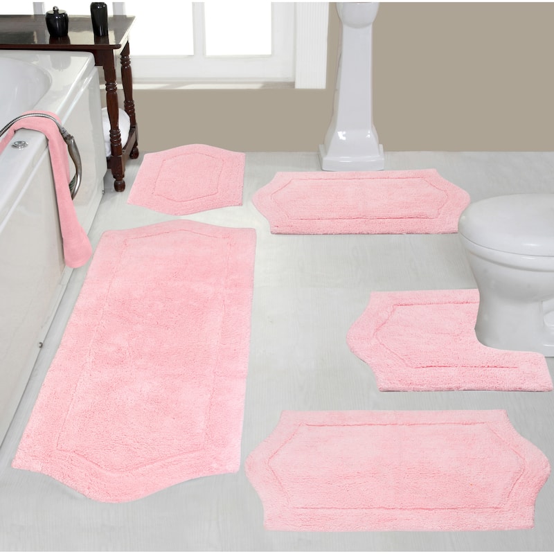 Waterford Collection 100% Cotton Non-Slip Bathroom Rug Set, Machine Washable Bath Rug, 5 Piece Bath Mat Set with Contour