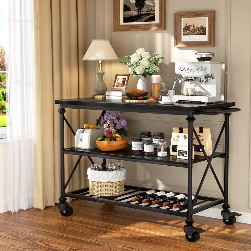 Rolling Kitchen Island Cart with Thick Wooden Top and Storage Shelves - N/A