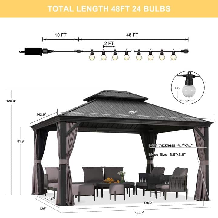 PURPLE LEAF Outdoor Galvanized Steel Hardtop Gazebo, Aluminum Frame Gazebo With Curtains
