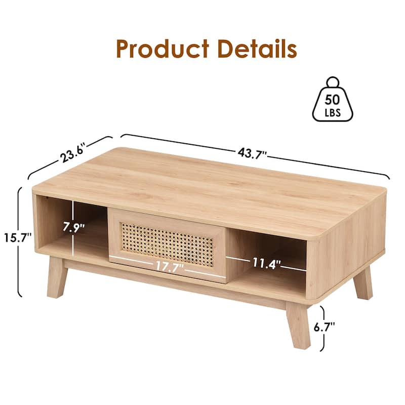 Mid Century Coffee Table with Storage, Modern Square with Rattan Drawer, Wooden Living Room Table with Solid Wood Leg