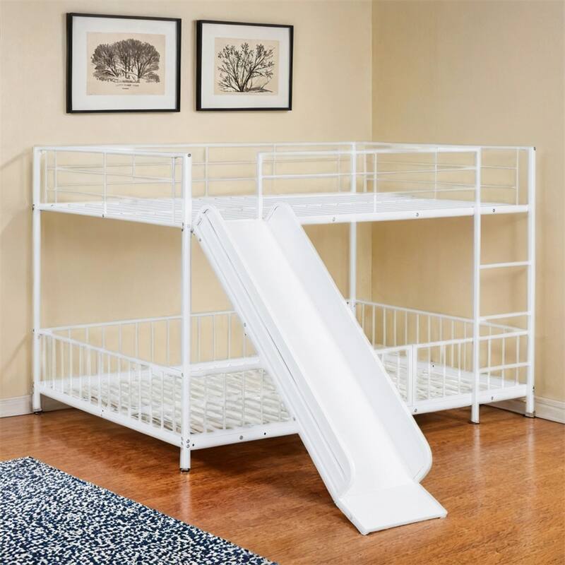 Full over Full Size Metal Bunk Bed with Slide and Guardrails