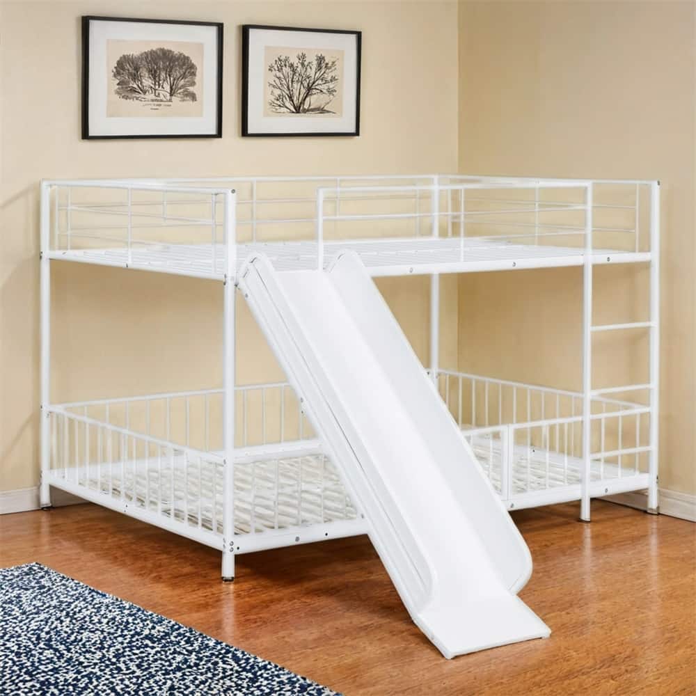 Full over Full Size Metal Bunk Bed with Slide and Guardrails