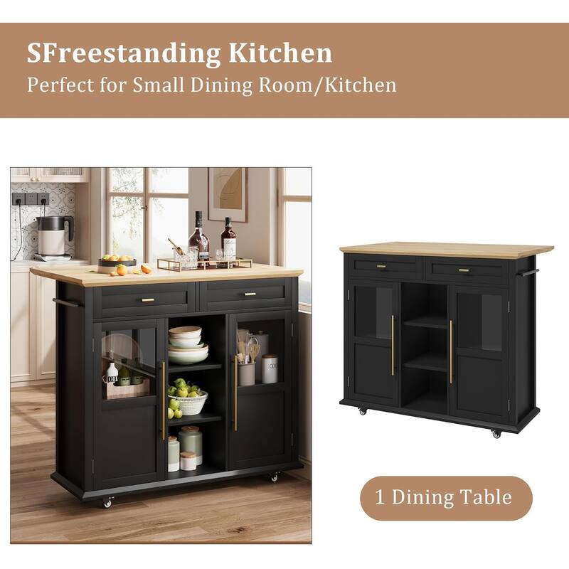 Kitchen Island, Rolling Kitchen Island Cart On Wheels With Widen Drop Leaf Top, 2 Glass Doors, Spice Rack & Towel Holder