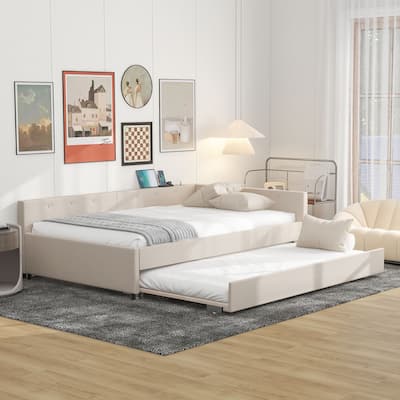 Full Size Upholstered Platform Bed, L-shaped Daybed Bed Frame with USB, Slatted Support and Pull-out Trundle Bed