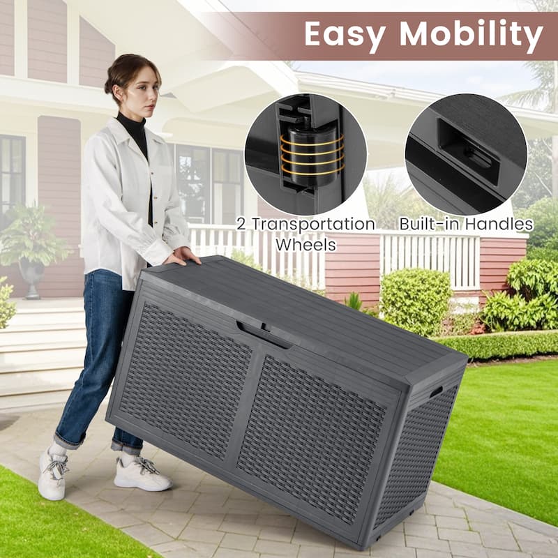 100 Gallon Outdoor Lockable Lid Deck Box with Wheels and Bench Seating for Patio Storage or Backyard Use