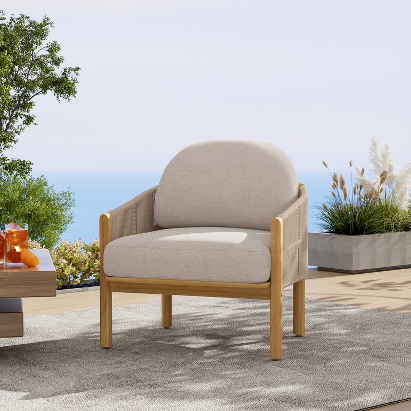 Roomfitters Grotta Outdoor Acacia Wood Club Chair with Rope Woven Back, Teak Finish and Beige