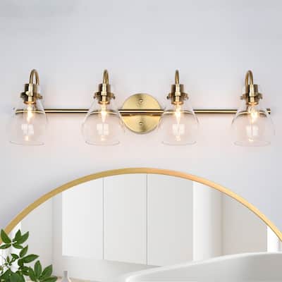 Modern Contemporary Brass Gold 4-light Bathroom Vanity Light LED Dimmable Glass Wall Sconces - L31.5"x W7.5"x H8.5"