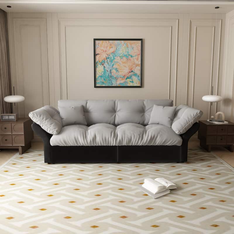 74.8" Queen Pull Velvet Out Sofa Bed, 3-in-1 Convertible Sleeper Tufted Sofa with 2 Soft Pillows-Grey