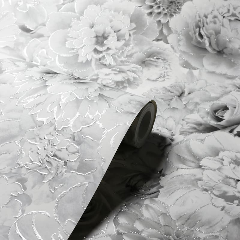Arthouse Glitter Bloom Floral Silver Wallpaper