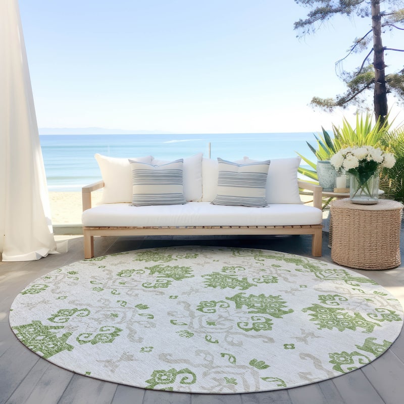 Machine Washable Indoor/ Outdoor Chantille Medallion Damask Rug - Green - 8' x 8'
