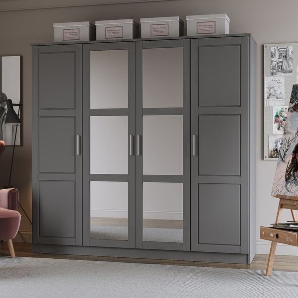 slide 2 of 4, 100% Solid Wood Cosmo 4-Door Wardrobe with Solid Wood or Mirrored Doors by Palace Imports Gray-Mirror