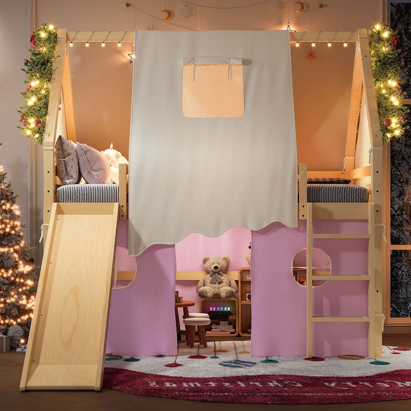 Fairytale Loft Bed Wooden House Bed with Tents, Light Strip and Slide - Pink - Full