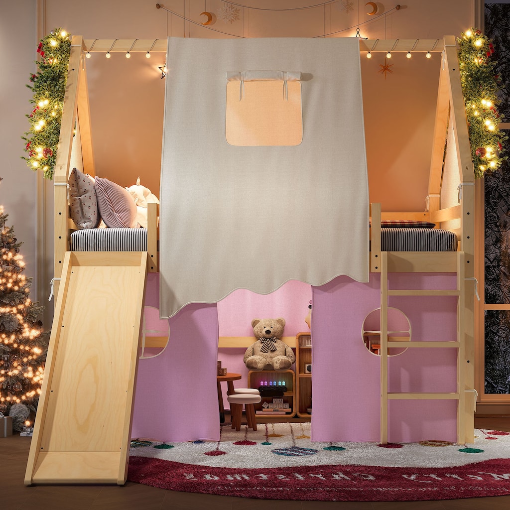 Fairytale Loft Bed Wooden House Bed with Tents, Light Strip and Slide