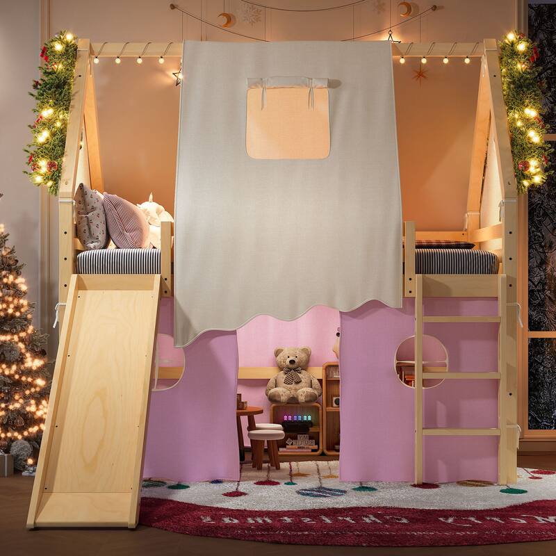 Full Size House Loft Bed with Sills and Tents, Solid Wood Loft Bed with Ladders and Slide, Chic Design with Lights - Natural,Pink