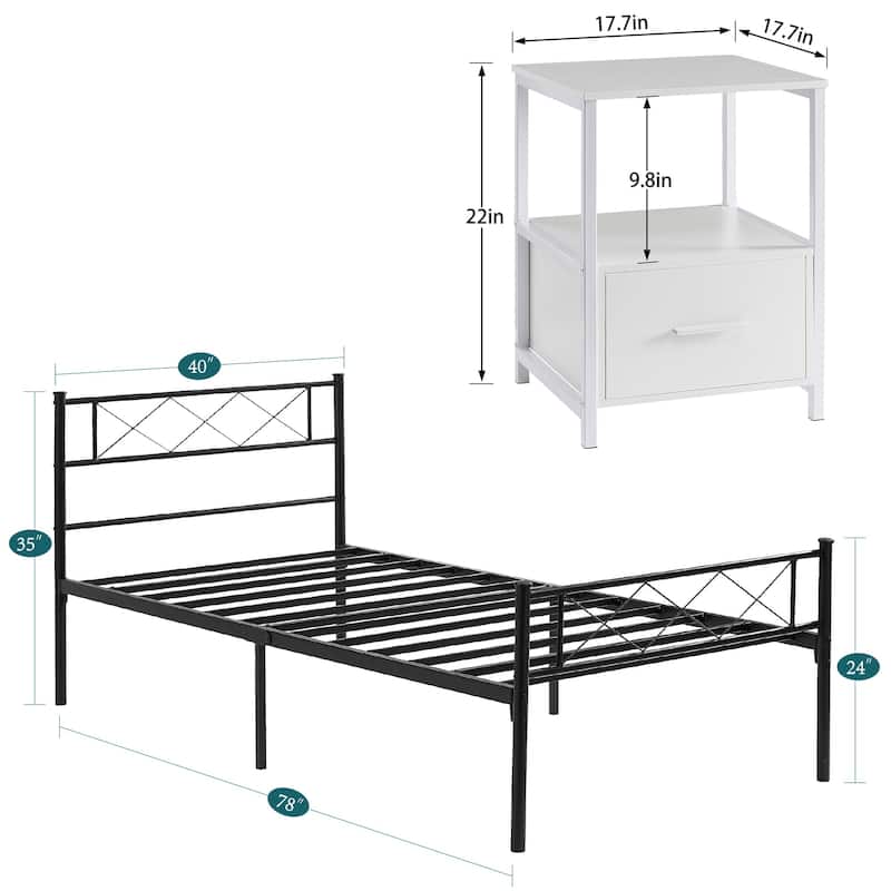VECELO Industrial 3-Piece Bedroom Set Metal Bed Frame with Headboard and Modern Nightstand Set of 2