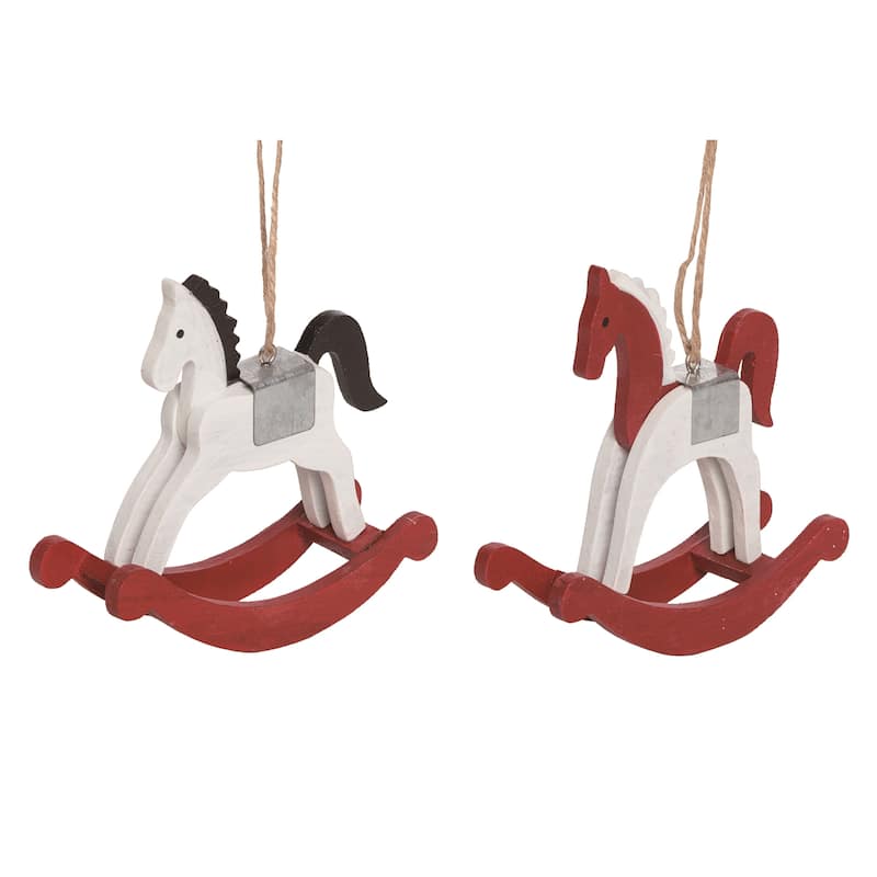 Transpac Wooden Rocking Horse Ornament Set of 2 Christmas Home Decorations