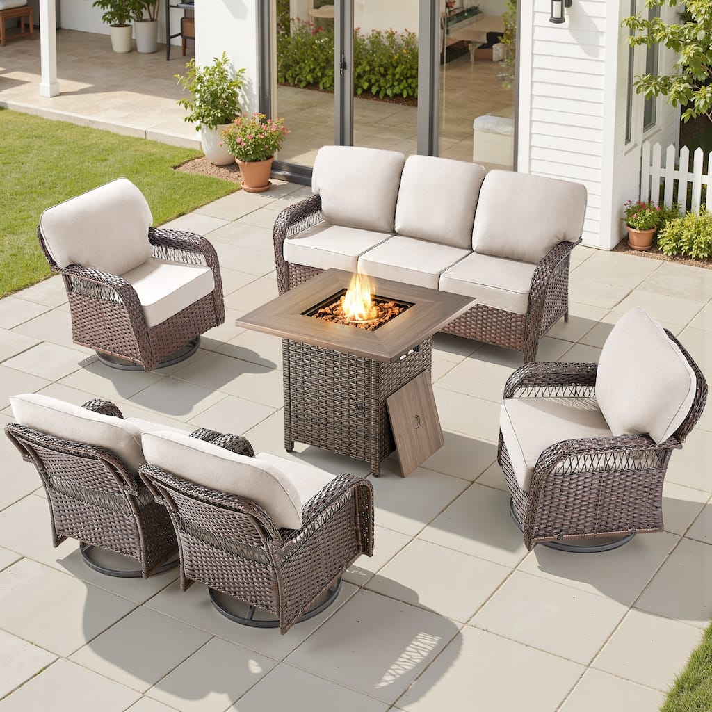 Pocassy Patio Outdoor Fire Table with Sofa Ottoman Swivel Chair Funiture Set.