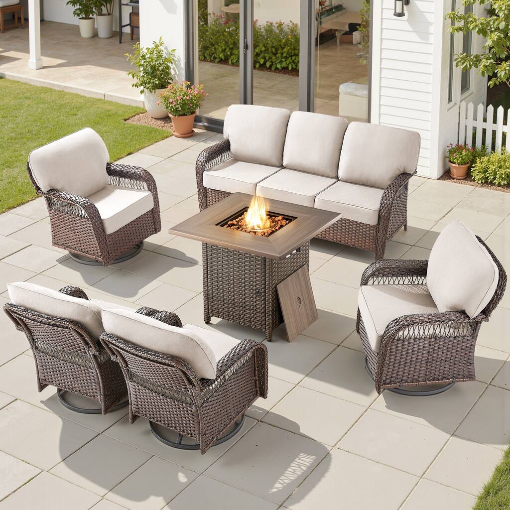 Pocassy Patio Outdoor Fire Table with Sofa Ottoman Swivel Chair Set.