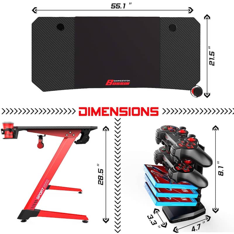 BOSSIN Ergonomic Gaming Desk Z-Shaped Office PC Computer Desk Gamer Tables with Cup Holder and Headphone Hook